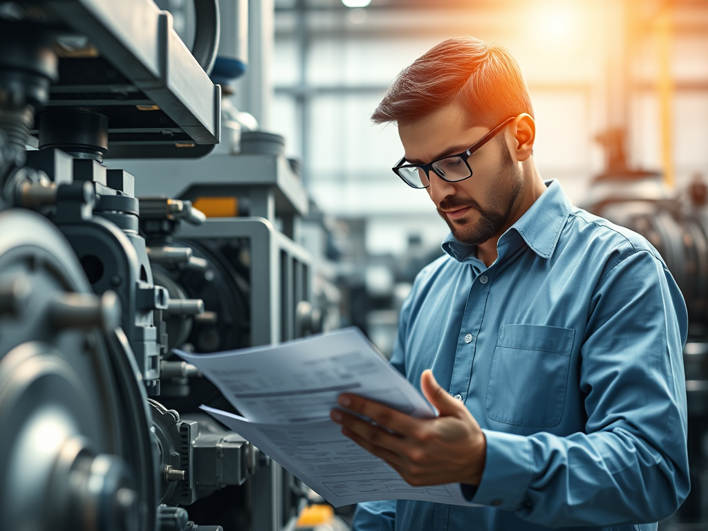 En man i glasögon och en blå skjorta granskar dokumentation i en industriell miljö med maskiner i bakgrunden.