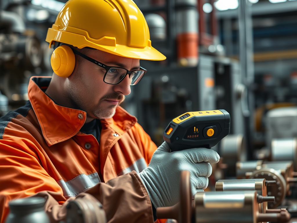 En arbetare i skyddskläder och hörselkåpor använder en handhållen apparaten för att utföra positiv materialidentifiering (PMI) på metallkomponenter i en industriell miljö.