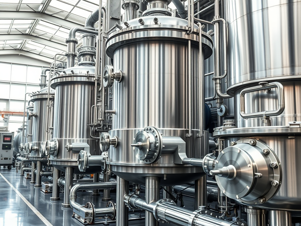 En serie av stora, cylindriska tryckkärl i rostfritt stål, placerade i en industriell anläggning med en ljus och modern inredning.
