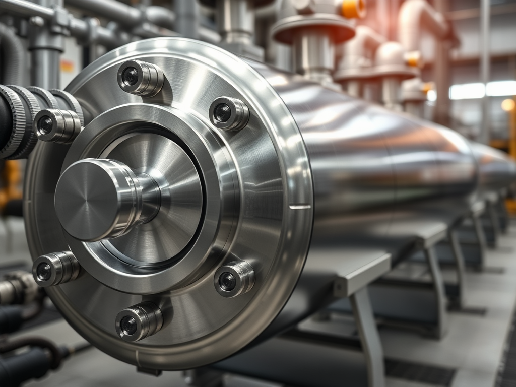 Nära bild av ett tryckkärl för vätgas, utsmyckat med detaljerade rörkopplingar och säkerhetskomponenter i en industriell miljö.