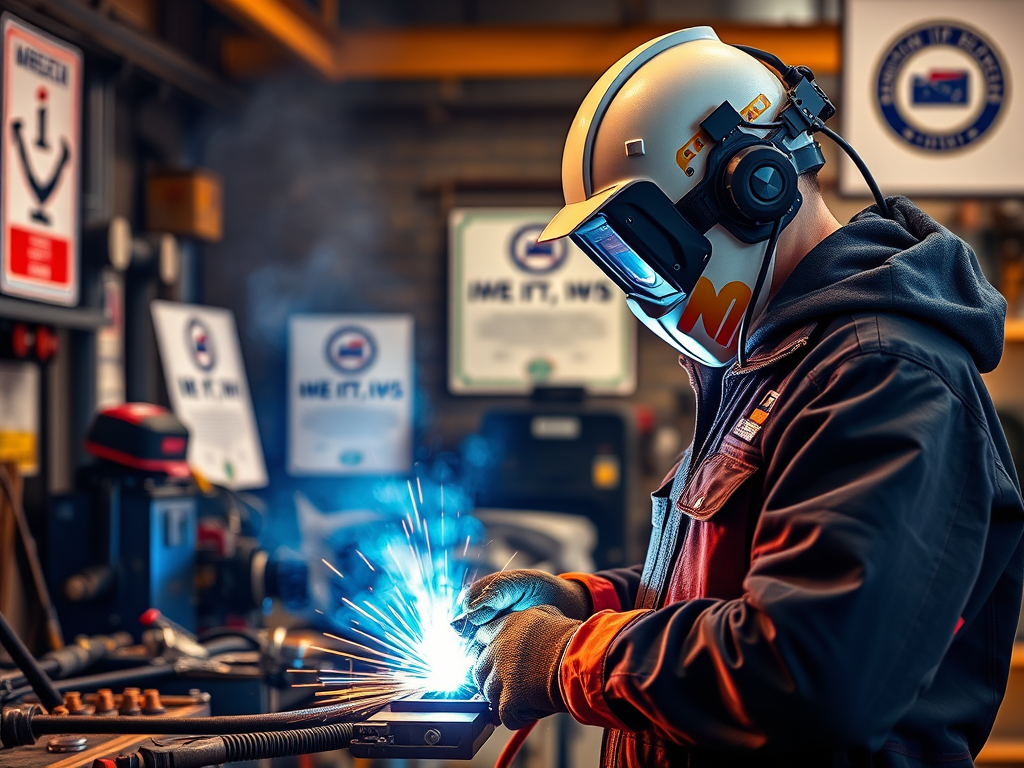 En svetsare arbetar med svetsutrustning, skapar gnistor och ljus i en verkstadsmiljö. Runt om finns säkerhetsskyltar och verktyg relaterade till svetsning.