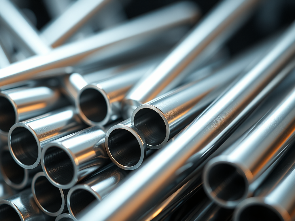 En stängd vy av glänsande metallrör staplade ovanpå varandra.