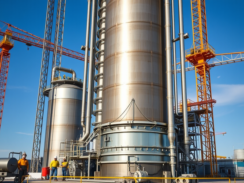 Processutrustning för koldioxidavskiljning (CCS/CCU) på en industriell anläggning, med stora kolonner och byggkranar i bakgrunden.