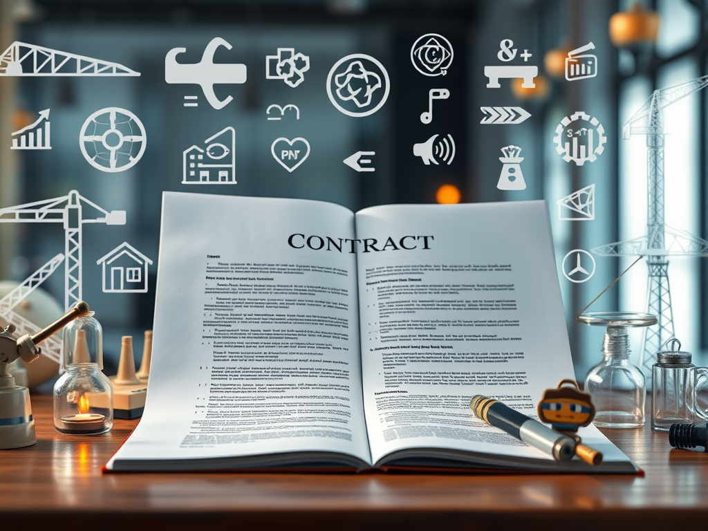 En öppen kontraktbok med texten 'CONTRACT' på ett skrivbord med verktyg och byggsymboler i bakgrunden, vilket representerar avtal och projektledning.