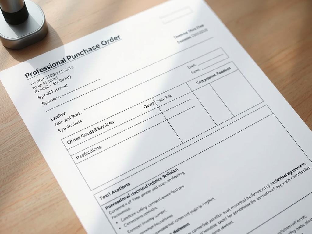 A professional purchase order document displayed on a wooden table, featuring sections for order details, products, specifications, and terms.