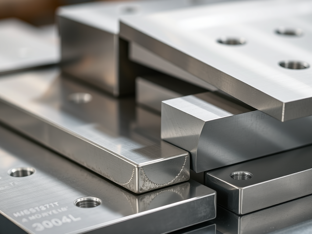 Närbild av olika austenitiska rostfria stålplattor med tydliga ytor och hål för montering.