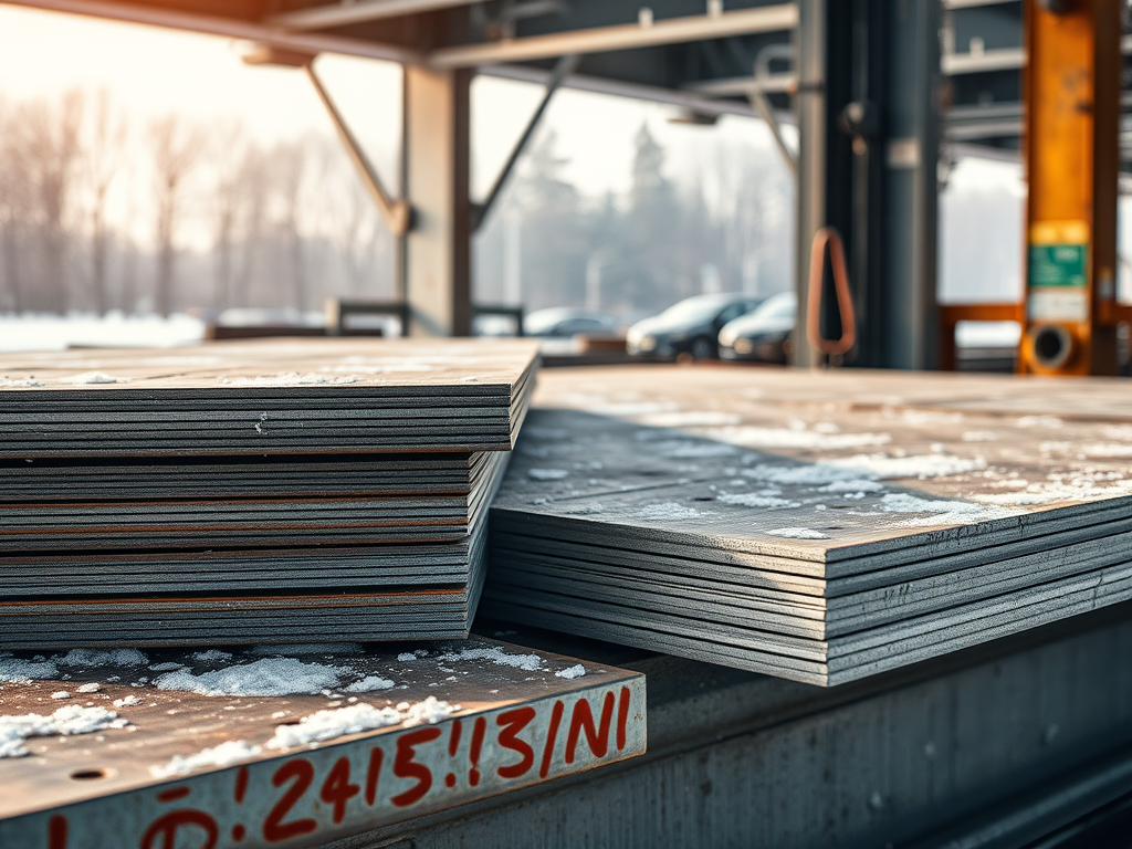 Staplar av stålplåt på en byggarbetsplats, med snö på ytan, under en solig dag.