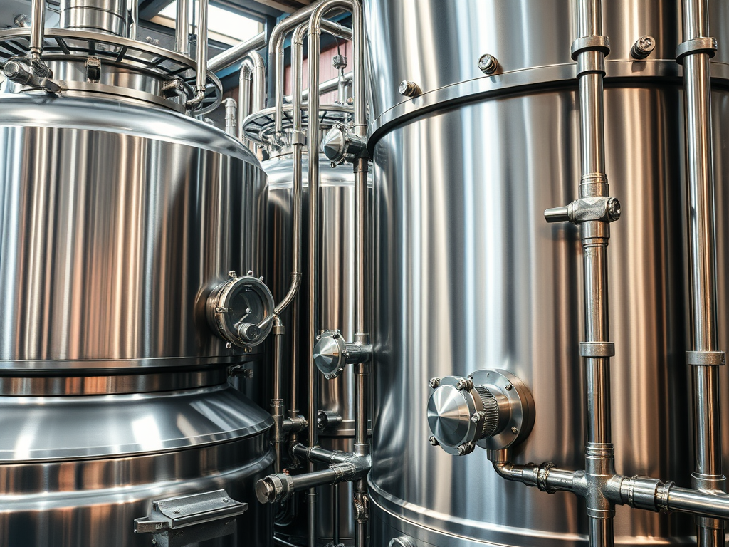 Ett nära perspektiv på rostfria tryckkärl och rörkopplingar i en biogasproduktionsanläggning.