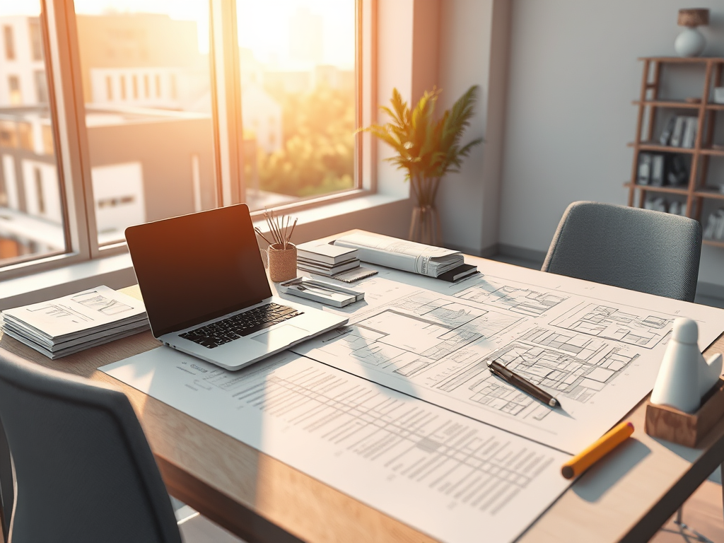Kontorsmiljö med ett skrivbord som har en bärbar dator, ritningar och kontorsmaterial, beläget i ett ljust rum med stora fönster.