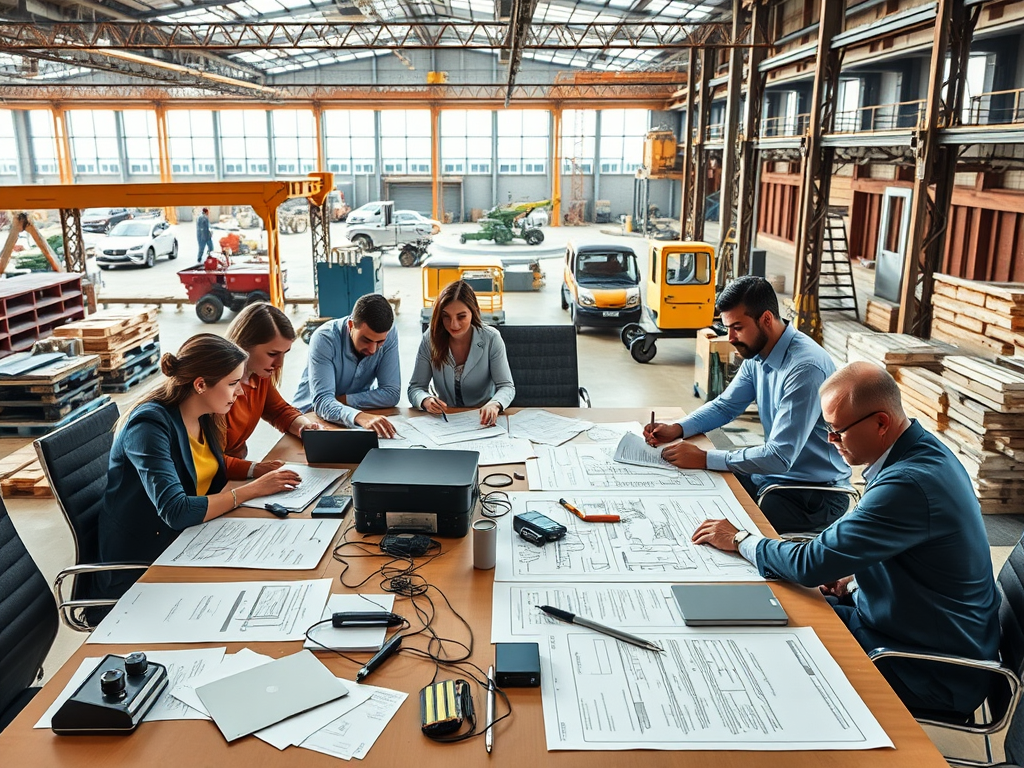 En grupp människor som diskuterar och arbetar med dokument och ritningar vid ett bord i en industriell miljö.