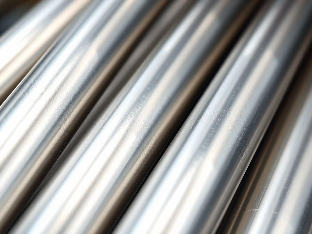 Närbild av flera metallrör i en organiserad stapel, med reflektioner av ljus på ytan.