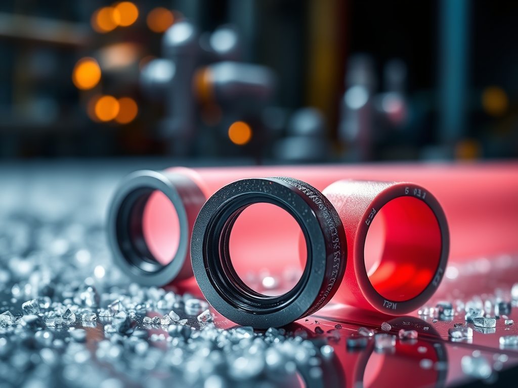 En närbild av en svart tätning och två röda cylindrar som ligger på en glänsande yta med små partiklar i bakgrunden.