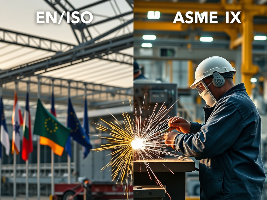 En bild som jämför EN/ISO och ASME IX, med en arbetare som svetsar på höger sida och ett antal flaggor på vänster sida.