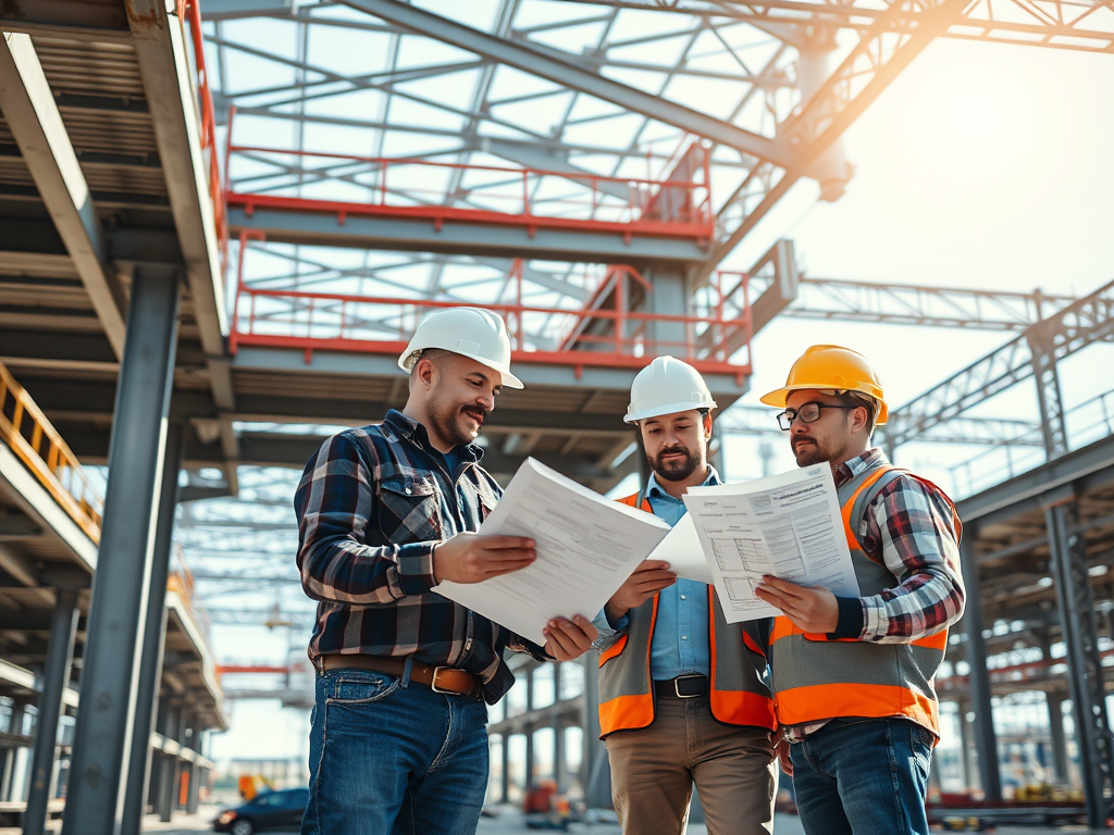 Tre byggnadsarbetare diskuterar dokument på en byggarbetsplats med stålkonstruktioner i bakgrunden.