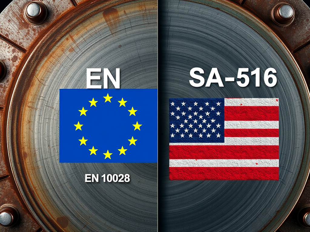En bild som visar två flaggor, den europeiska flaggan och den amerikanska flaggan, med texten 'EN 10028' under den europeiska flaggan och 'SA-516' under den amerikanska flaggan, på en metallisk bakgrund.