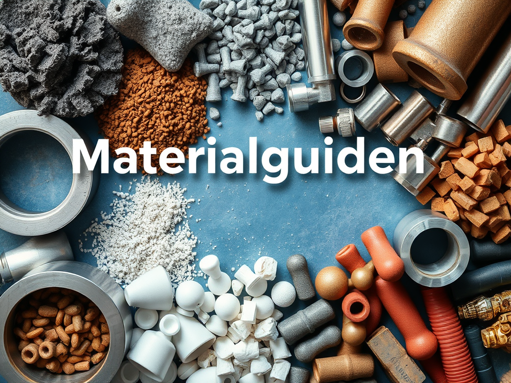 En samling av olika material inklusive metallrör, plastdelar och mineralsubstanser med texten 'Materialguiden' i centrum.