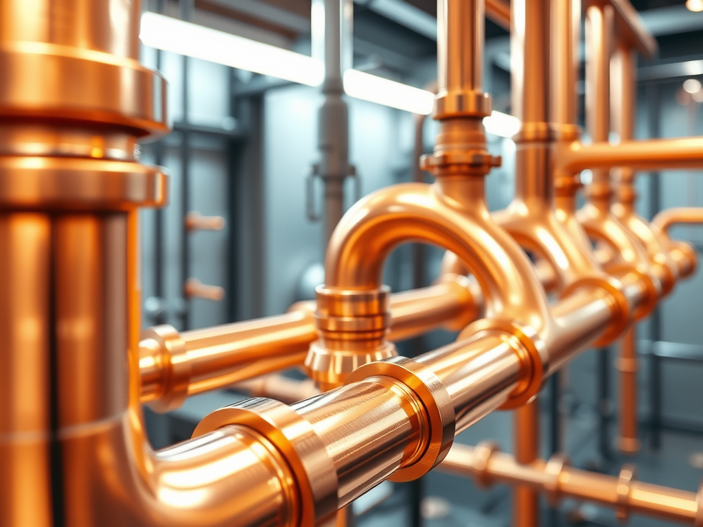 Nära vy av kopparrör som används inom VVS och marin miljö, visar detaljerna av rörens textur och färg.