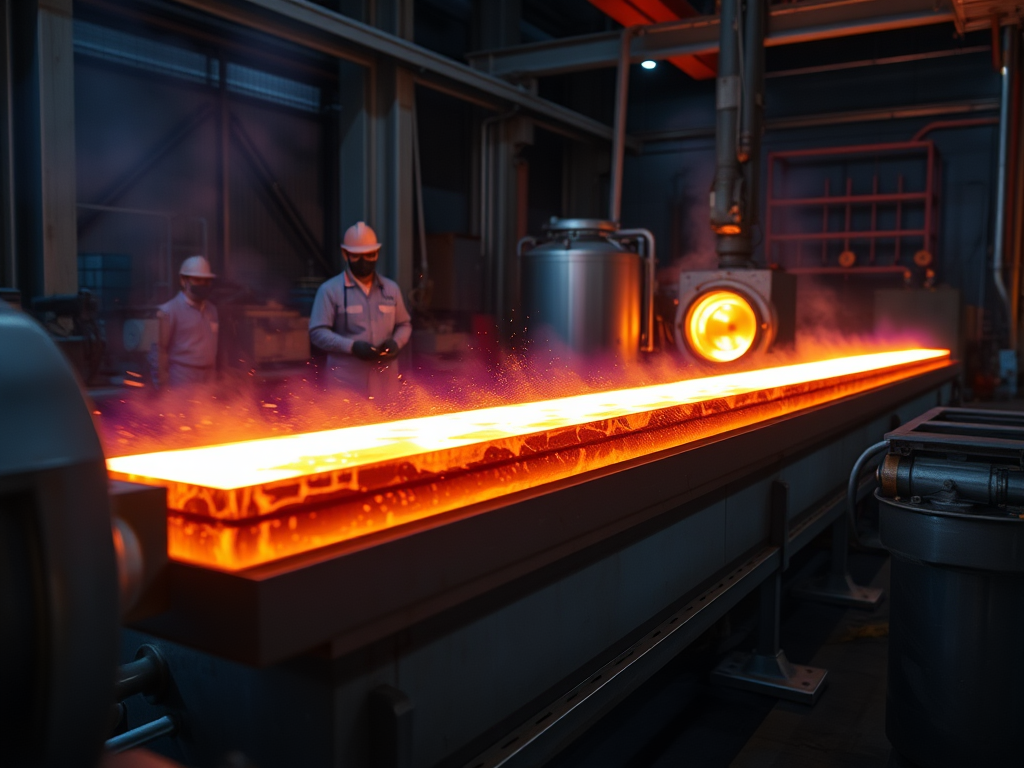 En scen från en metallbearbetningsanläggning med ett glödande metallblock som transporteras på en maskin, omgiven av arbetare som iakttar processen.