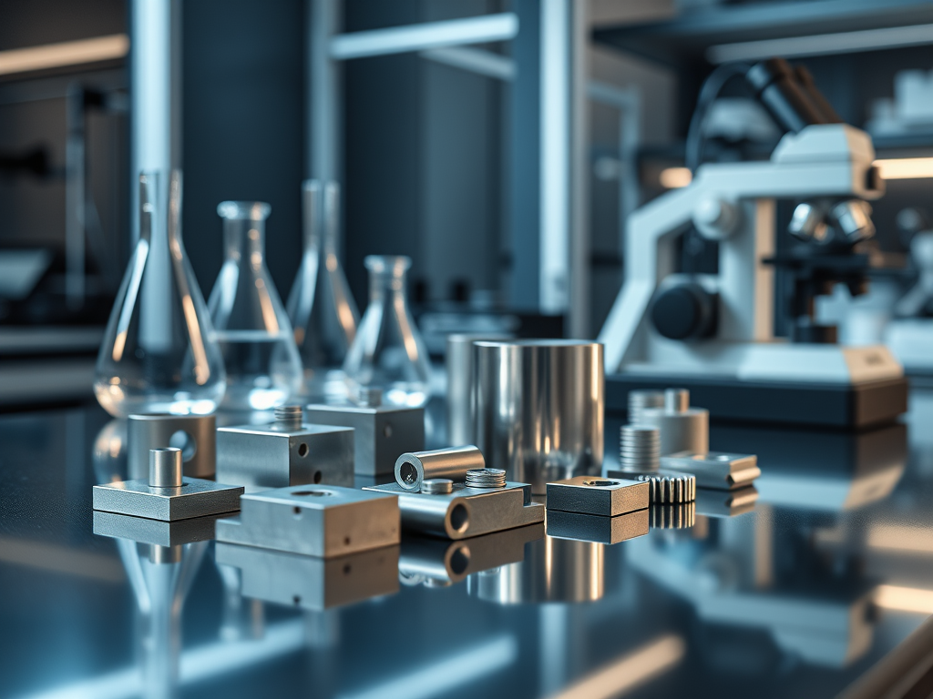 En laboratoryyta med metallkomponenter och flaskor, inklusive olika legodetaljer i en modern miljö.