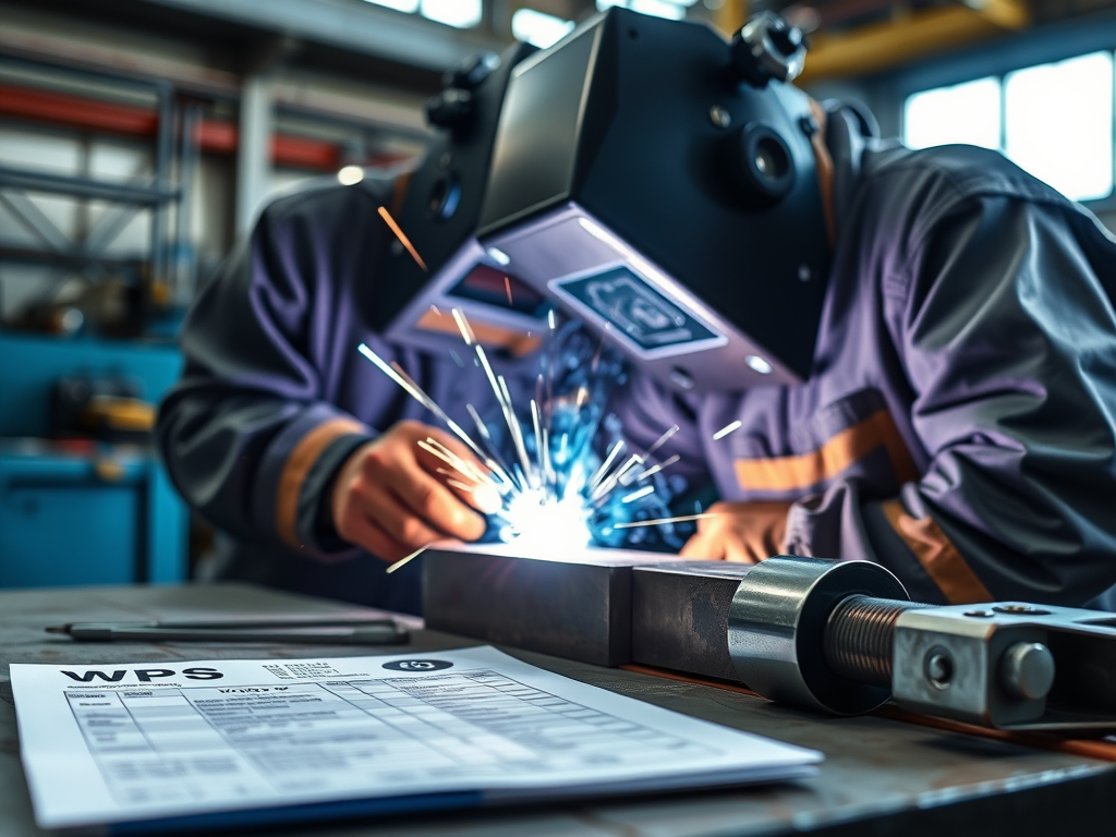 En svetsare arbetar med en WPS-dokumentation på ett svetsprojekt, medan gnistor flyger från svetsprocessen.