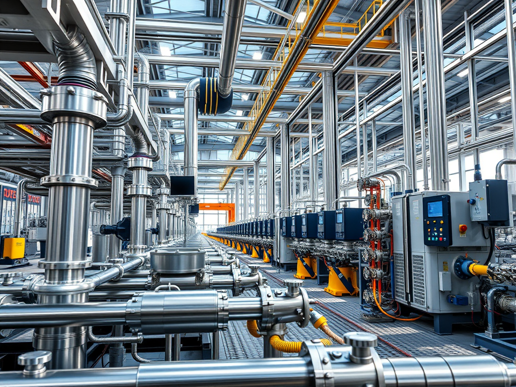 Interiör av en modern anläggning med metallrör och avancerade automationssystem för industriell användning.