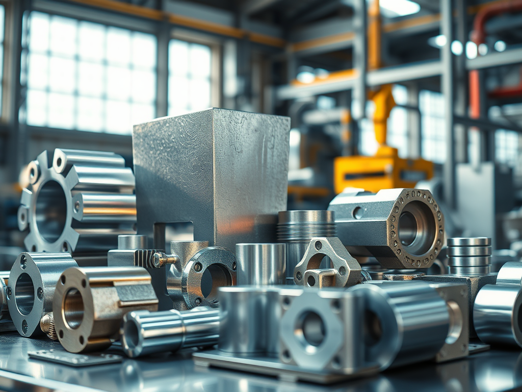 En samling av olika metallkomponenter i aluminium, inklusive cylindriska, fyrkantiga och rörformade delar, placerade på en arbetsbänk i en industriell miljö.