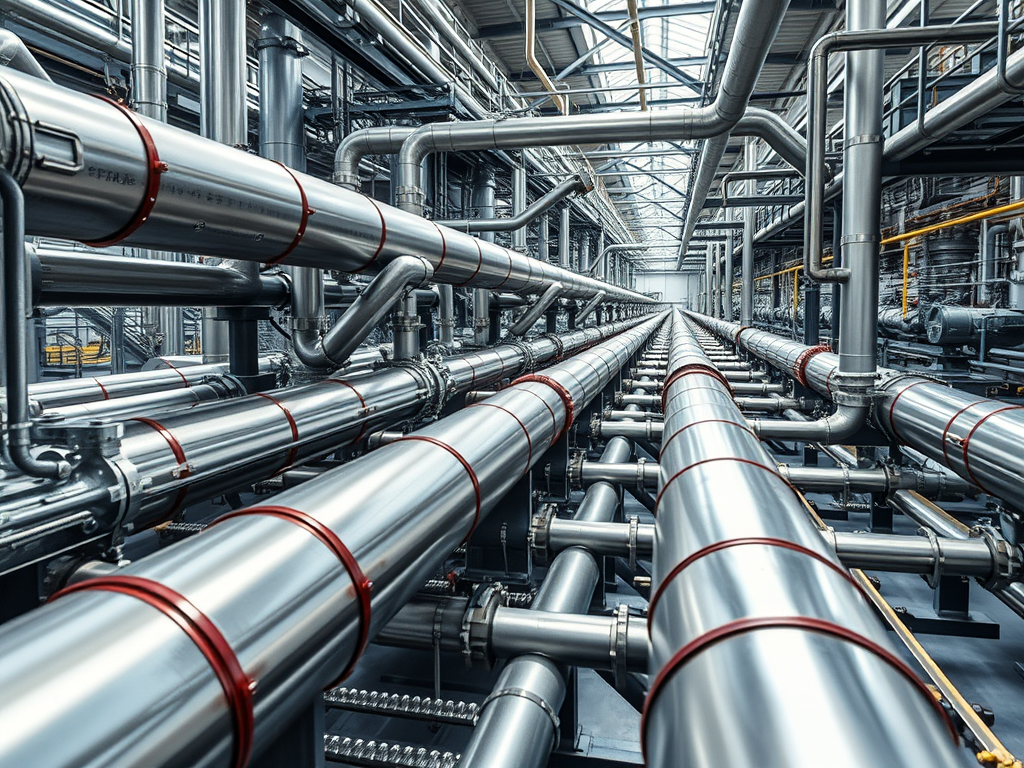 En industriell miljö med tätt placerade metallrör och pipelines, som visar en komplex struktur av rörsystem.