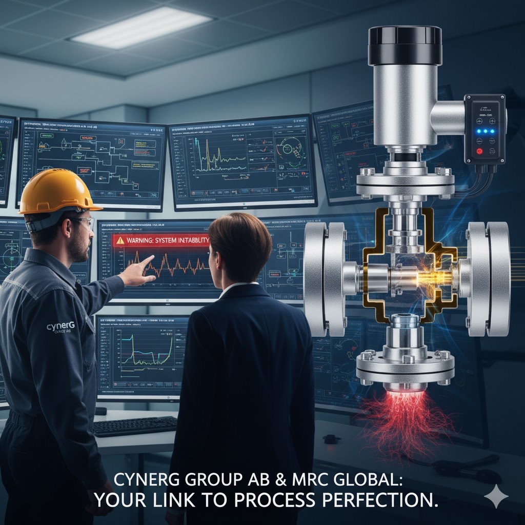 En tekniker och en affärsperson står framför flera skärmar som visar data och grafer. En reglerventil är synlig i förgrunden, med tekniska detaljer synliga. Texten "WARNING: SYSTEM INSTABILITY" finns på skärmen.