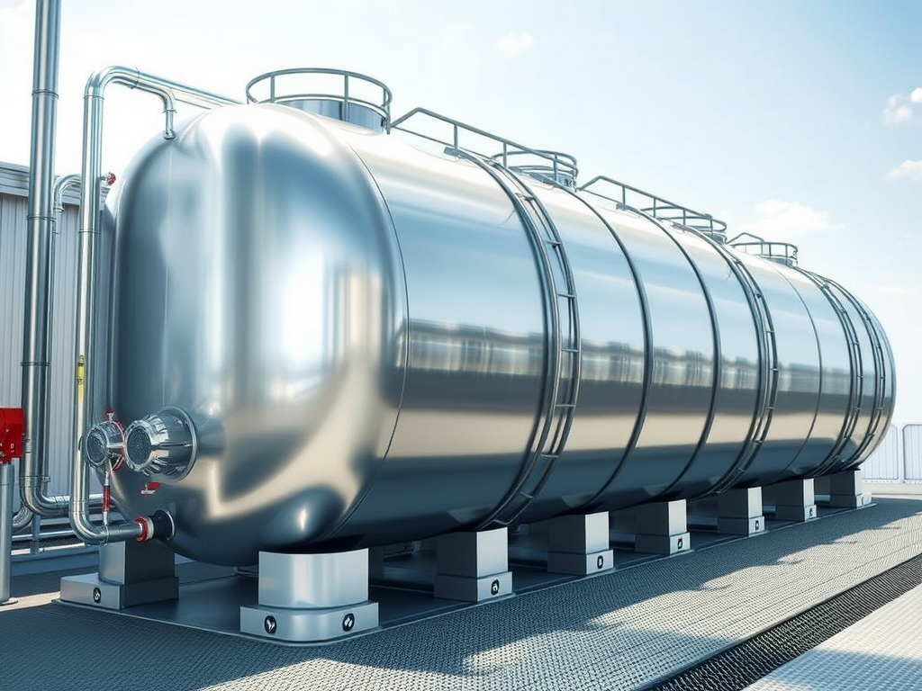 En stor, blank koldioxidcistern i metall, placerad på ett industriellt anläggningsområde med rörledningar och säkerhetsutrustning.