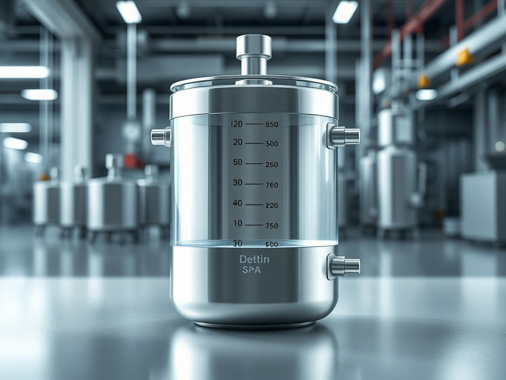 Ett mätkärl från Dettin S.p.A. med mätmarkeringar och anslutningar, placerat i en industriell miljö.