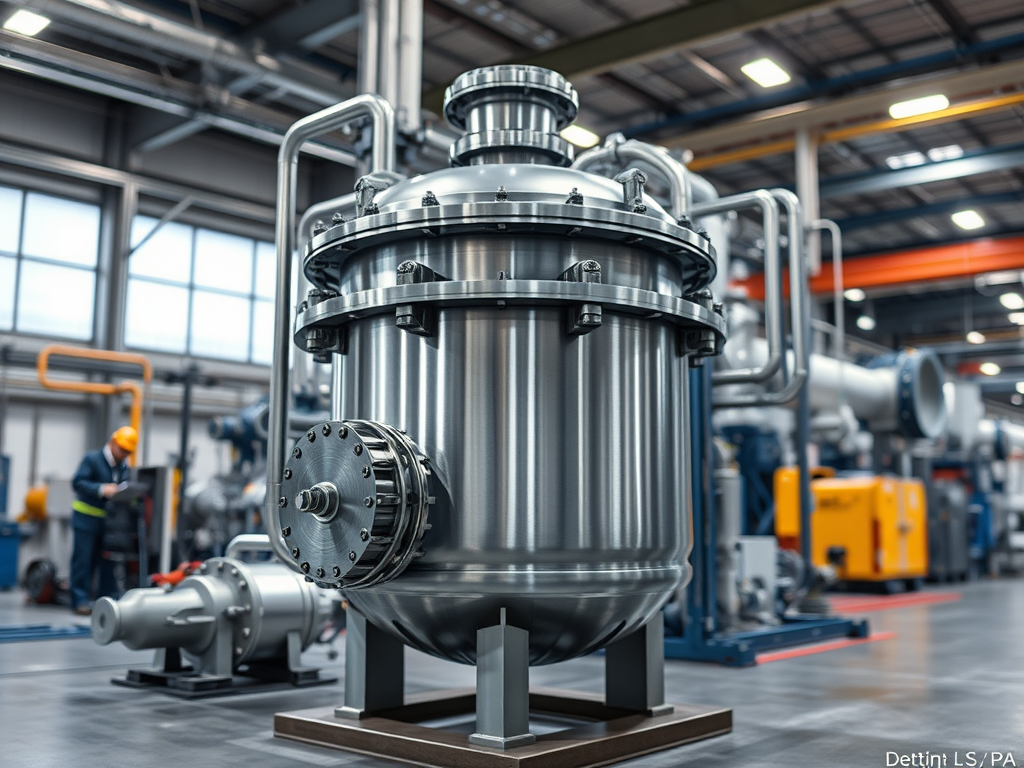 En industrial separator av metall i en fabriksmiljö, designad för att separera vätskor och gaser, med tydliga röranslutningar och en robust konstruktion.