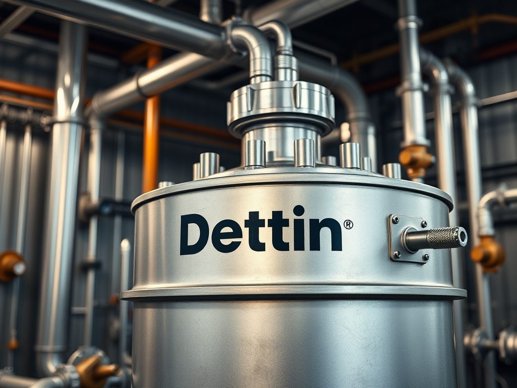 Närbild av ett expansionskärl från Dettin S.p.A. i en industriell miljö, med rörledningar och ventiler i bakgrunden.