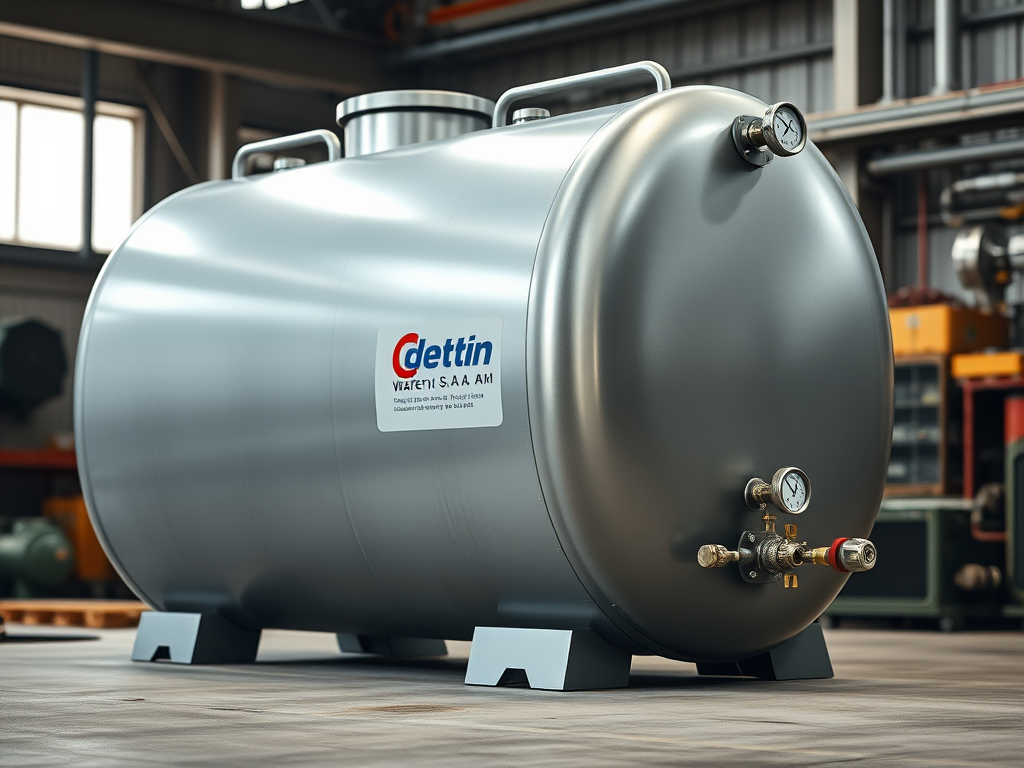 Cylindrisk tryckluftstank från Dettin S.p.A. i en industriell miljö, utrustad med manometer och ventiler för säker lagring av komprimerad luft.