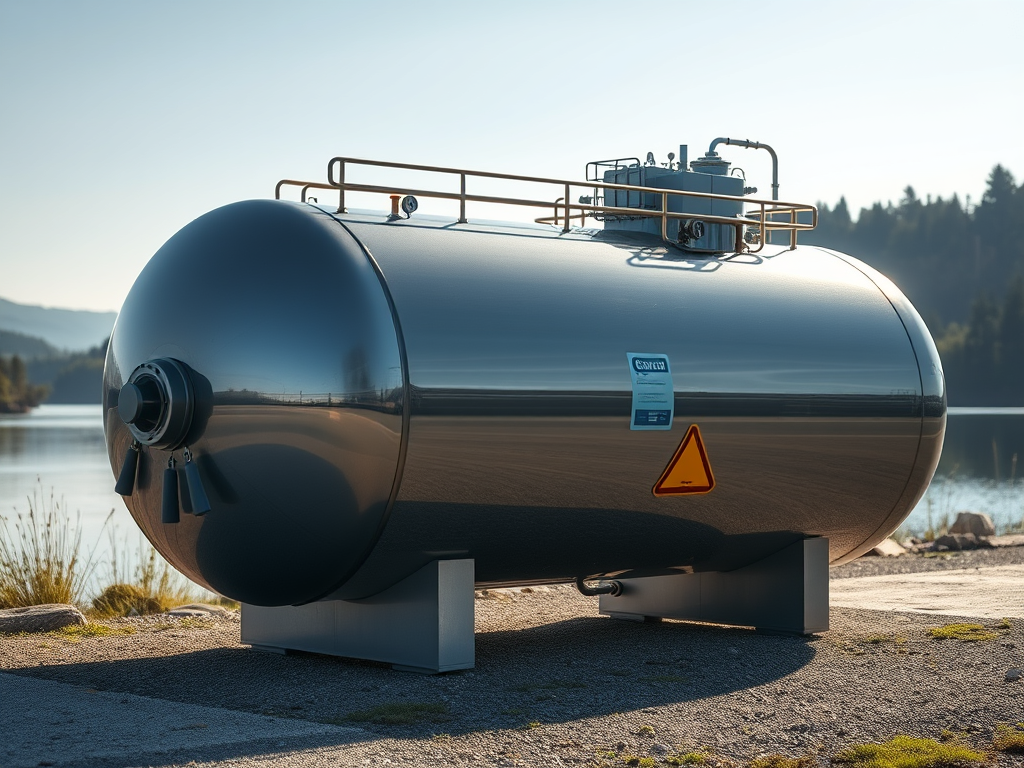 En högtrycksbehållare för vätgas lagring, placerad vid en sjökant. Behållaren är silverfärgad och konstruerad för att motstå extremt höga inre tryck. Den har anslutningar och säkerhetssymboler på ytan.