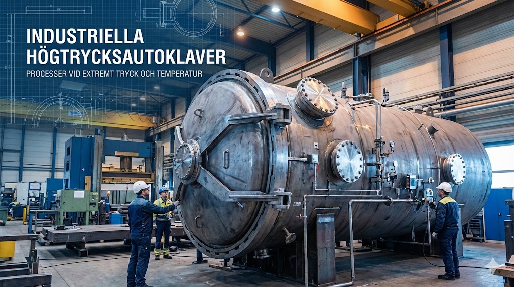 En stor industriell höghtrycksautoklav som står i en verkstad, med arbetare som inspekterar och arbetsutrustning i bakgrunden.