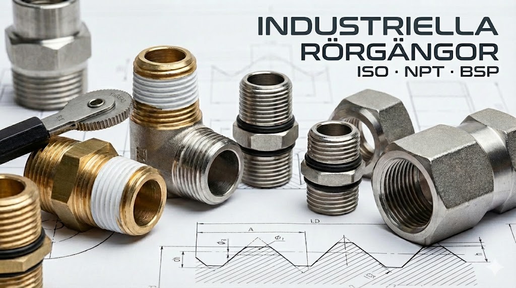 Bild som visar olika typer av industriella rörgängor och kopplingar av metall, inklusive NPT och BSP, placerade på en teknisk ritning.