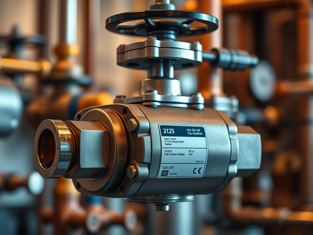 Industriell ventil med etikett och kopplingar i en fabriksmiljö.