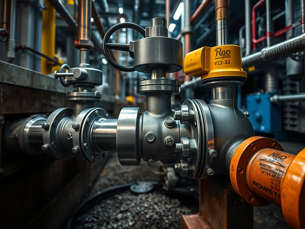 En närbild av en industriell ventil med rörledningar och manövreringssystem i en processanläggning. Ventilen har en slangkoppling och olika komponenter som syns i bakgrunden.