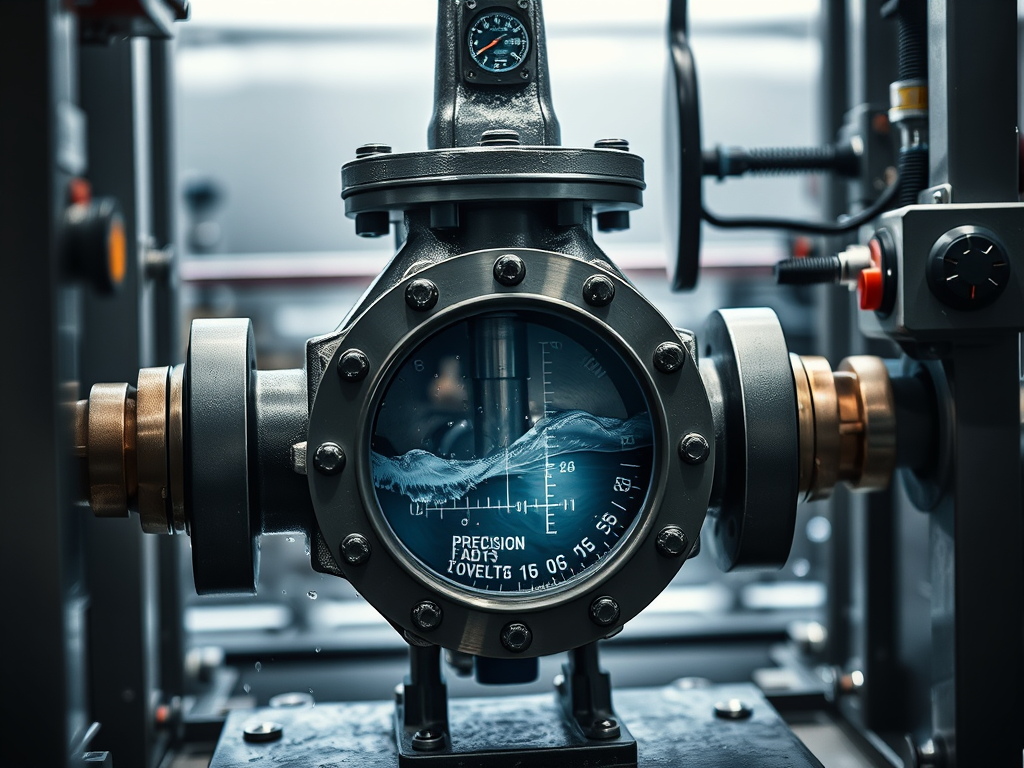 Mätinstrument för ventiltester med visare och tryckskala, monterat på en ventil med kopplingar, i en verkstadsmiljö.