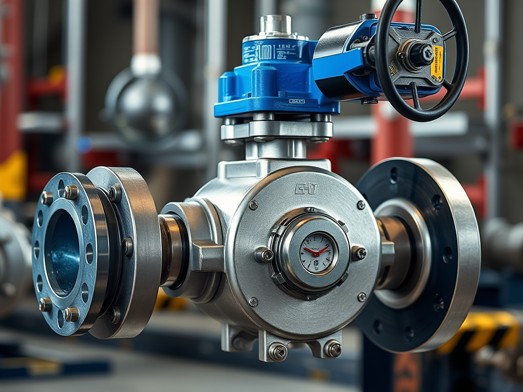 En nära vy av en industriell ventil med automatiseringsutrustning och mätinstrument, placerad i en verkstadsinställning.