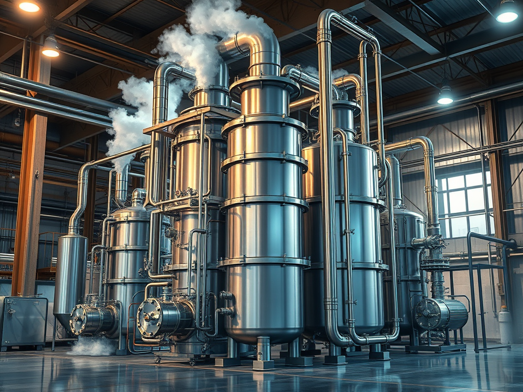 Industriell anläggning med flera metalliska tankar och rörsystem för indunstning och kristallisation, med ånga som släpps ut från toppen.