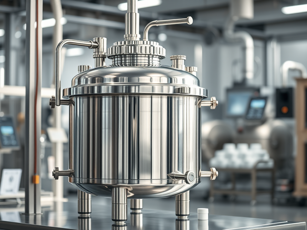 En metallisk tryckkärl avsedd för medicinsk produktion, placerad på en arbetsbänk i en industriell miljö.