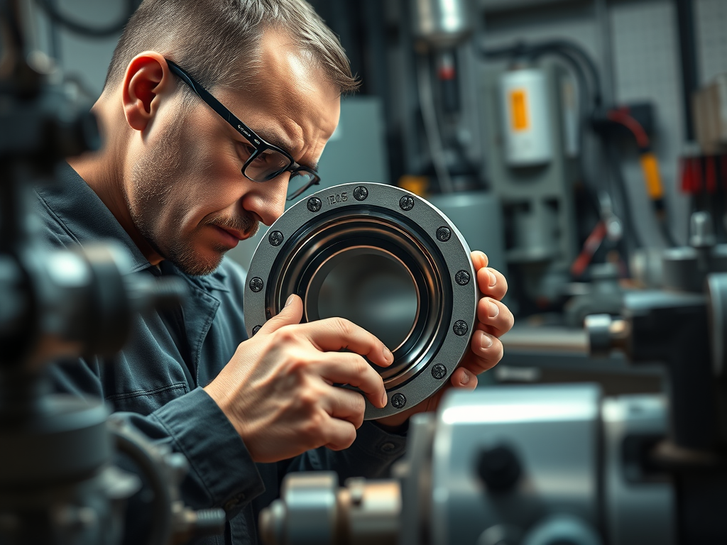 En tekniker inspekterar ett ventilkomponent med fokus på detaljer i en fabriksmiljö.