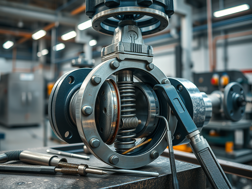 Närbild av en demonterad ventil med fjädrar och verktyg i en industrimiljö.