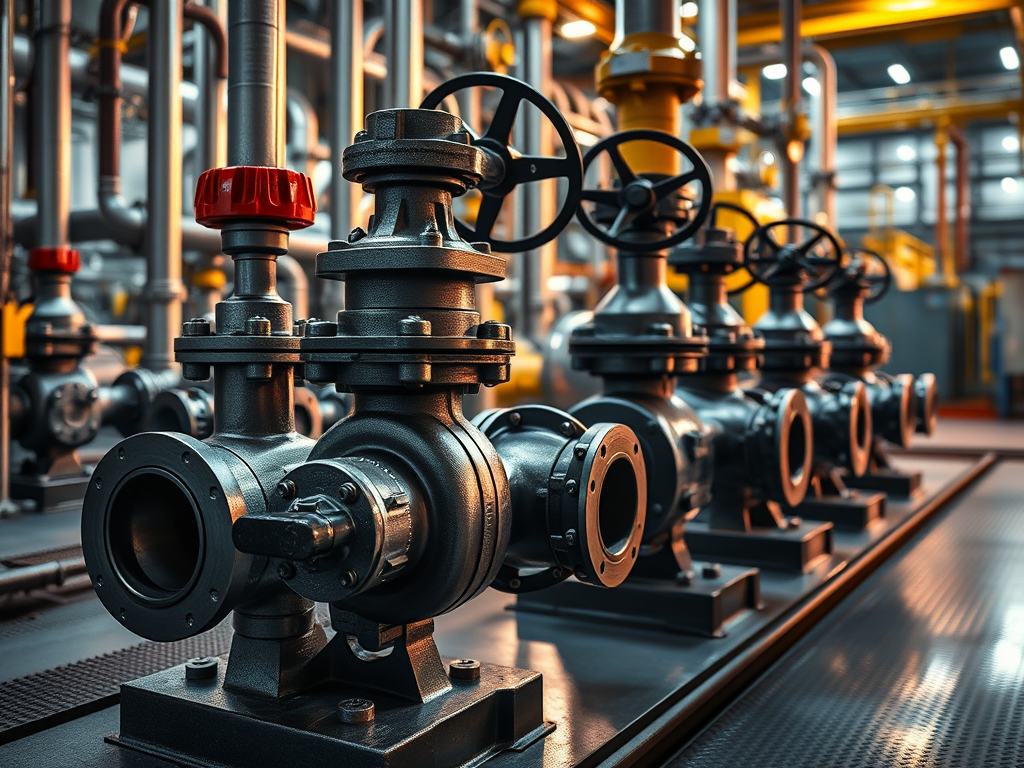 En rad industriella ventiler på en plattform, designade för högprestanda och kritiska flöden, belysta av orange och gult ljus.