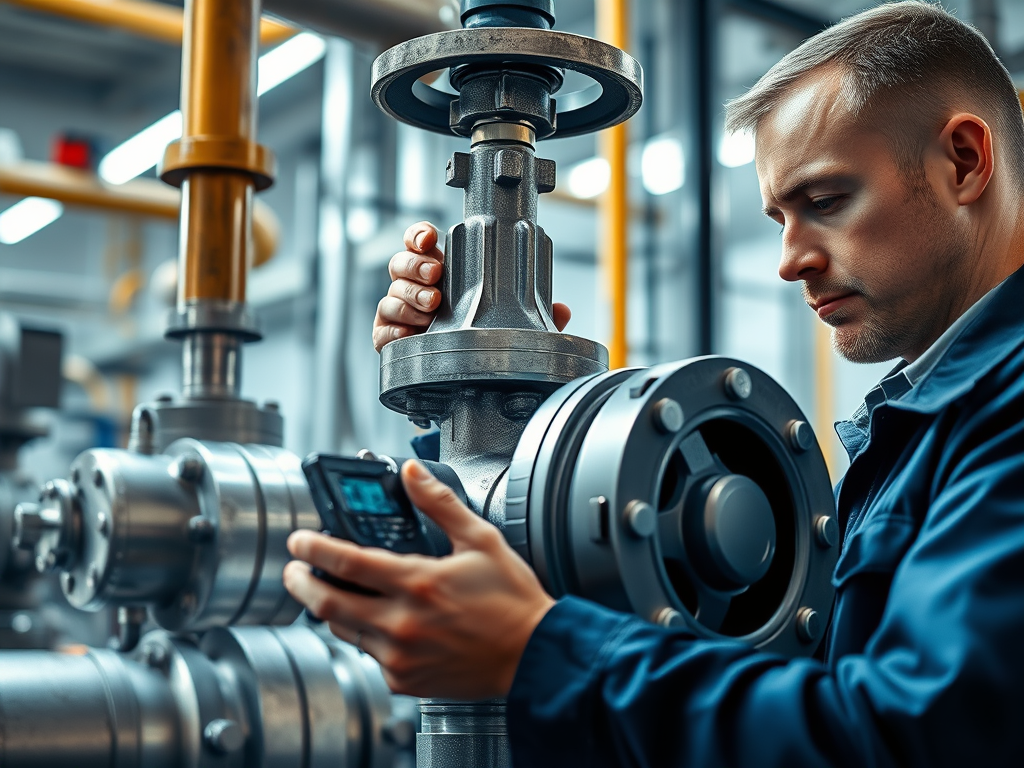 En tekniker som inspekterar en industriventil med en mätinstrument i handen, i en fabriksmiljö.