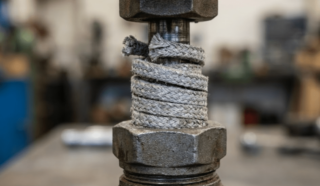 Närbild av en ventilspindel med en flätad packbox av asbestgarn, synlig i ett verkstadsområde.