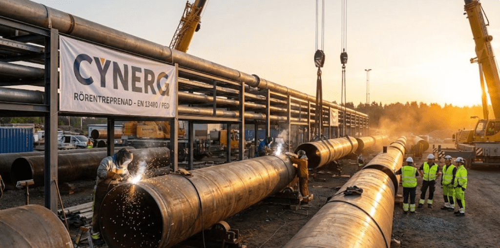 Arbetsplats för rörentreprenad med arbetare som svetsar stora rör i en industriell miljö. I bakgrunden syns en skylt med texten 'CYNERG RÖRENTREPRENAD - EN 13480 / PED' samt kranar och andra byggmaskiner.