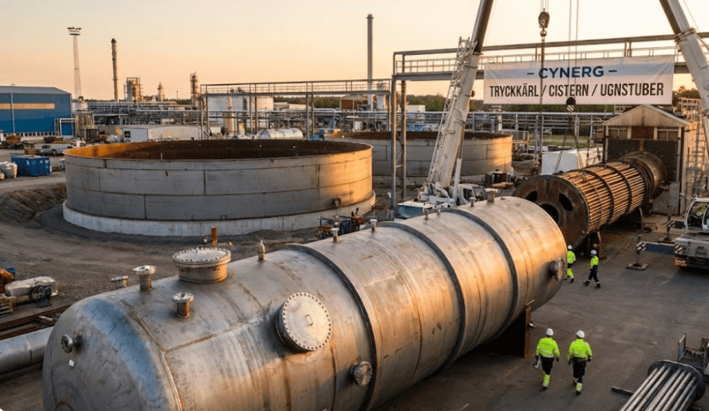 En industriell anläggning med stora tryckkärl och cisterner, där anställda arbetar nära utrustningen. Banner över området visar texten 'CYNERG TRYCKKÄRL / CISTERNER / UGNSTUBER'.
