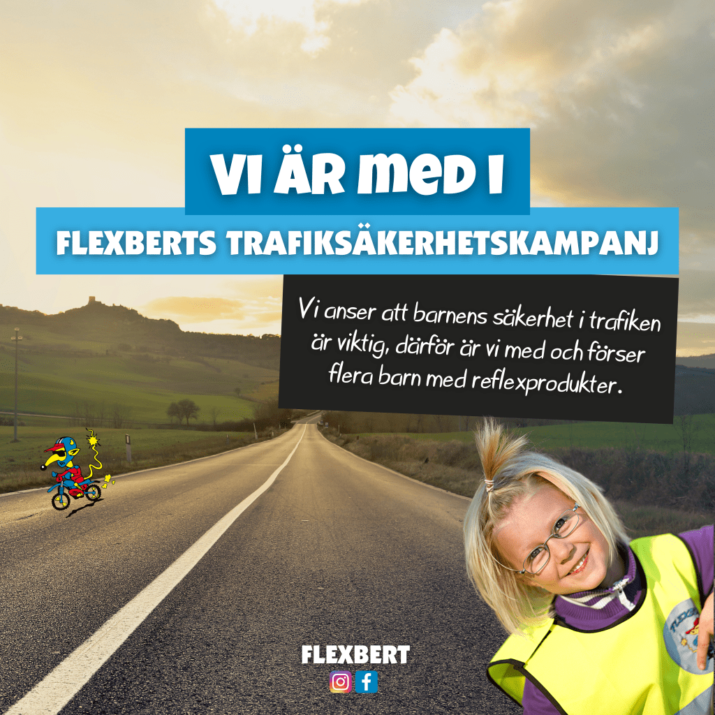 En landsväg med grönska på sidorna under en klar himmel, med text som annonserar Flexberts trafiksäkerhetskampanj och vikten av barns säkerhet.